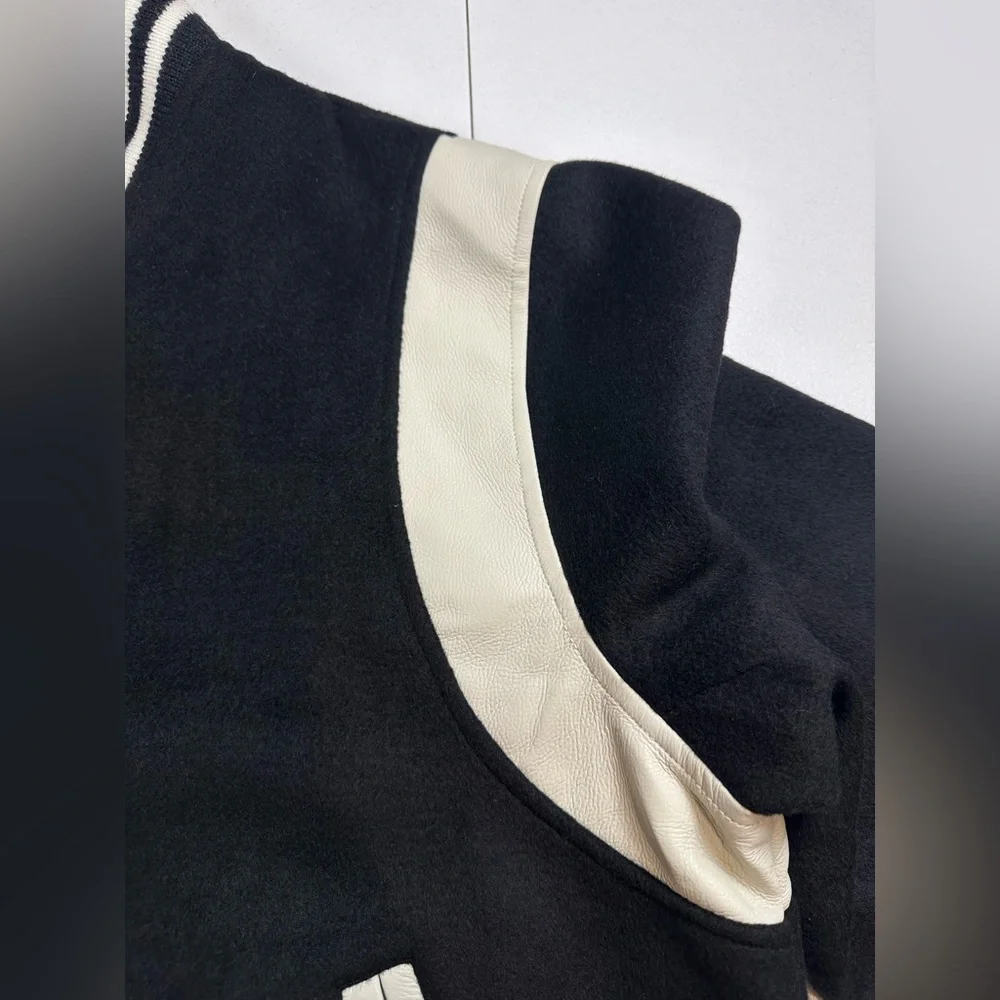 NWT HUDSON Mens Wool Varsity Bomber Jacket Size L Black‎ Ivory Faux Leather $248